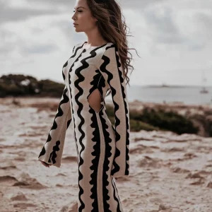 Y2K Wave Striped Knitted Maxi Dress - Elegant O-neck Long Sleeve Bodycon for 90s Fashion & Grunge