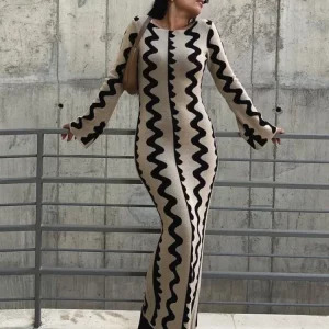 Y2K Wave Striped Knitted Maxi Dress - Elegant O-neck Long Sleeve Bodycon for 90s Fashion & Grunge