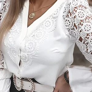 Y2K White Lace Blouse - Hollow Out Button Up Top, Elegant Office Shirt, Retro 90s Fashion