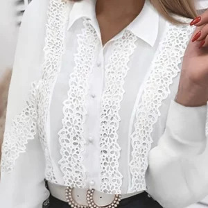 Y2K White Lace Blouse - Hollow Out Button Up Top, Elegant Office Shirt, Retro 90s Fashion