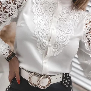 Y2K White Lace Blouse - Hollow Out Button Up Top, Elegant Office Shirt, Retro 90s Fashion