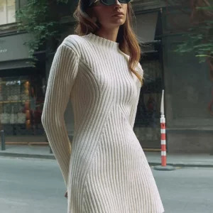 Y2K Women Elegant Knitted Mini Dress - Long Sleeve O Neck Ribbed 90s Fashion Streetwear