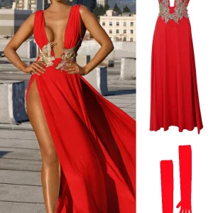 Y2K Women Evening Party Dress - Sexy Summer Deep V Neck Backless High Slit Maxi Dress - 90s Fashion Festival Outfit