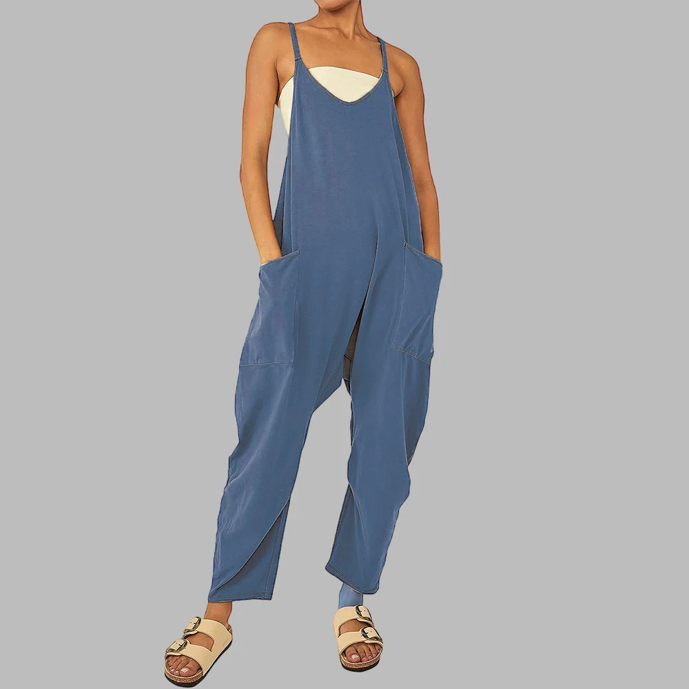 Y2K Women Strap Loose Jumpsuit - Summer Street Casual Comfy Overalls with Pockets, Sleeveless V-Neck Romper