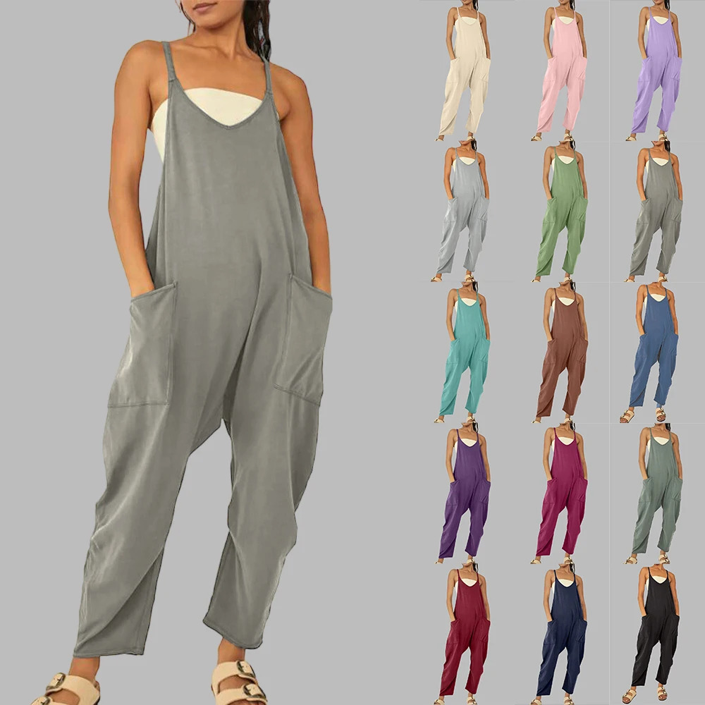 Y2K Women Strap Loose Jumpsuit - Summer Street Casual Comfy Overalls with Pockets, Sleeveless V-Neck Romper