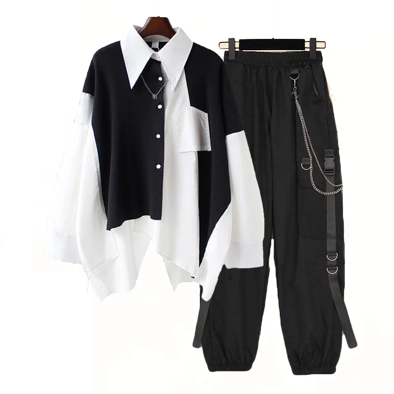 Y2K Women Streetwear Two-Piece Set: Splice Chain Long Sleeve Top + Ribbon Chain Cargo Pants