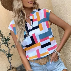 Y2K Women's Blouse - Casual Short Sleeve V Neck Top, 90s Fashion, Summer Y2K Outfits, Retro Style