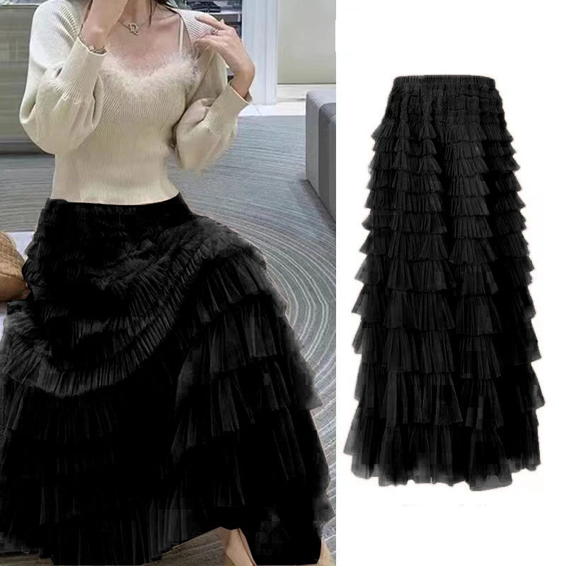 Y2K Women’s Multilayer Ruffles Tulle Skirt - High Waist Fluffy Maxi Skirt for 90s Fashion & Y2