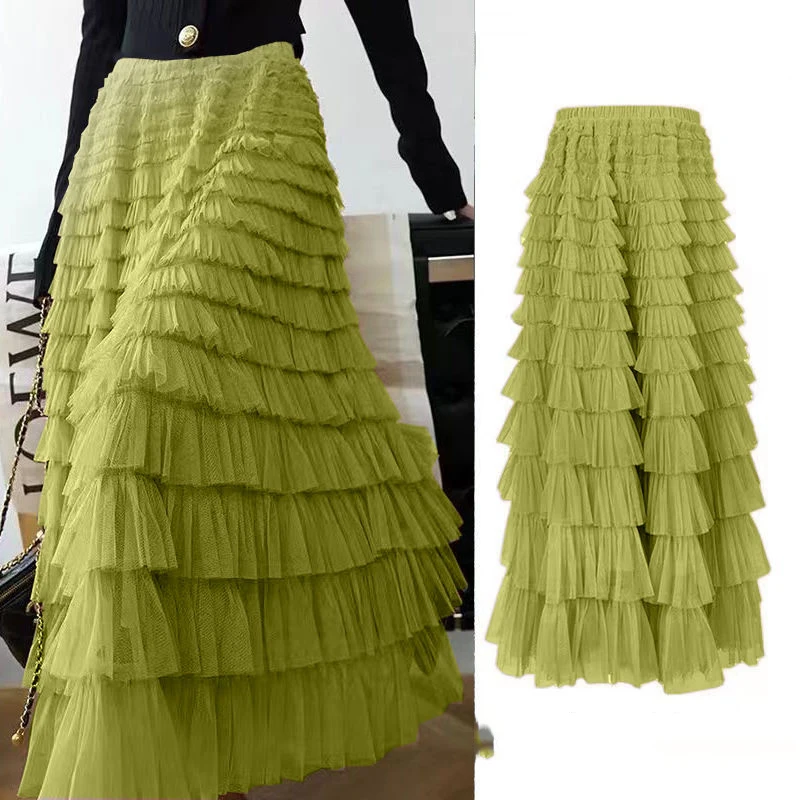 Y2K Women’s Multilayer Ruffles Tulle Skirt - High Waist Fluffy Maxi Skirt for 90s Fashion & Y2